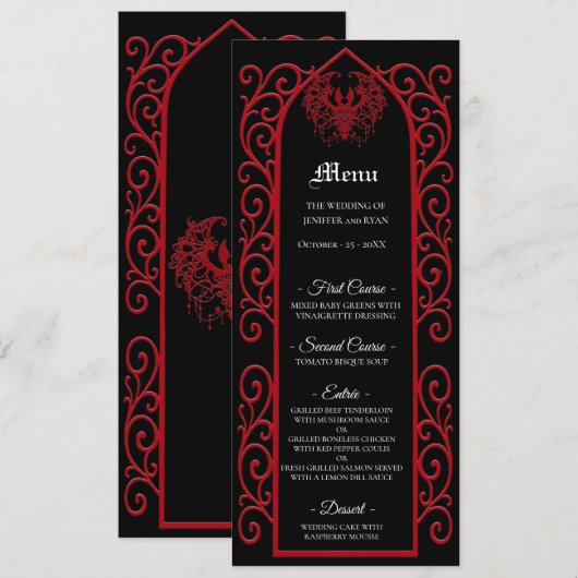 Ornate border black and red Gothic Wedding Menu (Voorkant / Achterkant)