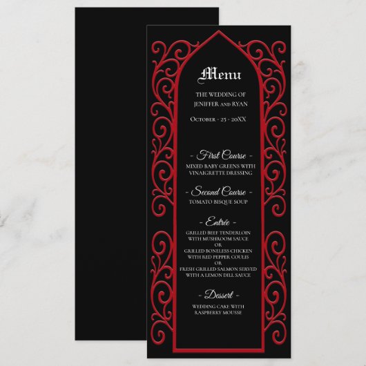 Ornate border black and red Gothic Wedding Menu (Voorkant / Achterkant)
