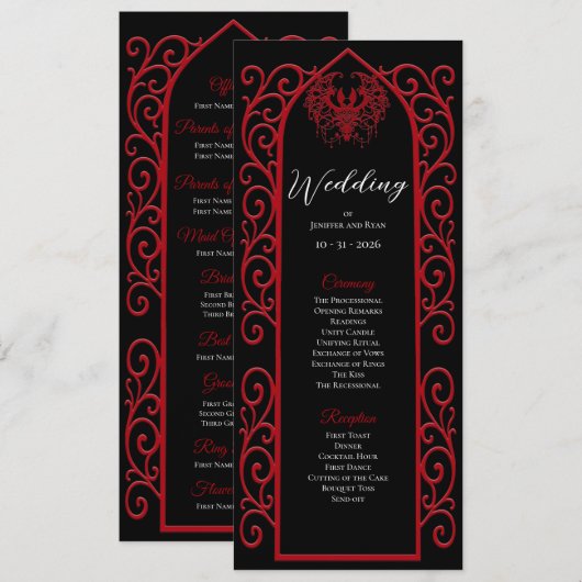 Ornate Border black and red Gothic Wedding Program Menu (Voorkant / Achterkant)