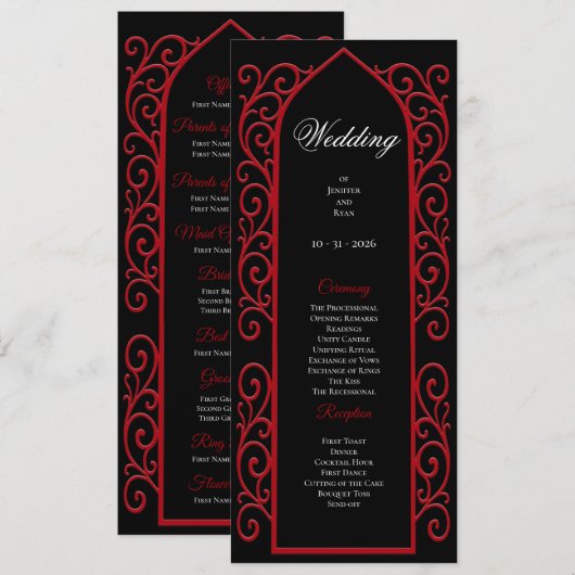 Ornate Border black and red Gothic Wedding Program Menu (Voorkant / Achterkant)