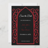 Ornate border black and red wedding save the date aankondiging (Voorkant)