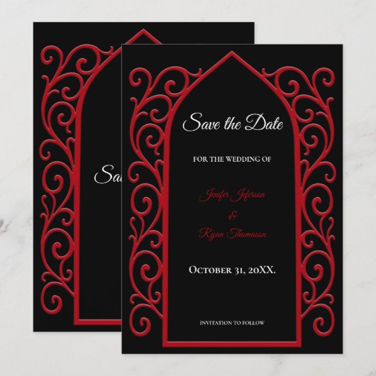 Ornate border black and red wedding save the date aankondiging (Voorkant / Achterkant)