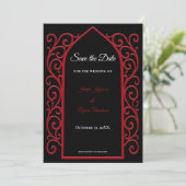 Ornate border black and red wedding save the date aankondiging (Staand voorkant)