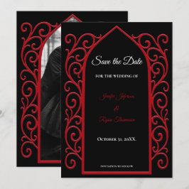 Ornate border black and red wedding save the date aankondiging