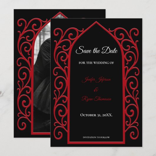 Ornate border black and red wedding save the date aankondiging (Voorkant / Achterkant)