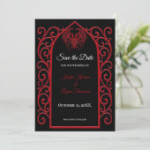 Ornate border black and red wedding save the date aankondiging (Staand voorkant)
