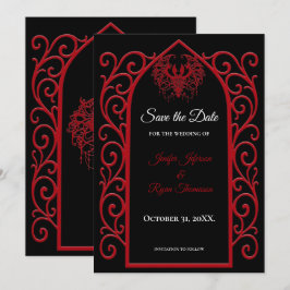 Ornate border black and red wedding save the date aankondiging