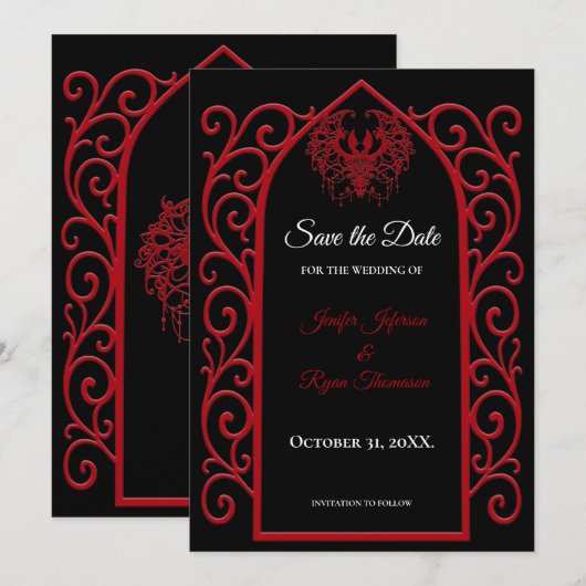 Ornate border black and red wedding save the date aankondiging (Voorkant / Achterkant)