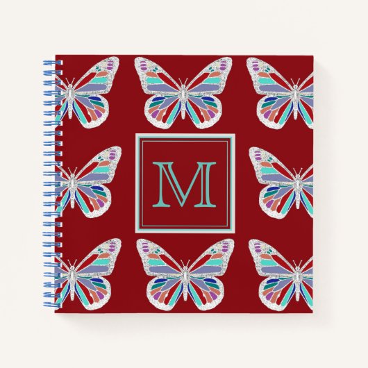 Ornate Butterflies Burgundy Pattern Monogram Notitieboek (Voorkant)