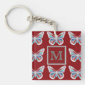 Ornate Butterflies Burgundy Pattern Monogram Sleutelhanger (Voorkant)