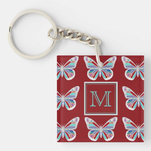 Ornate Butterflies Burgundy Pattern Monogram Sleutelhanger (Voorkant)