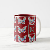 Ornate Butterflies Burgundy Pattern Monogram Tweekleurige Koffiemok (Voorkant rechts)