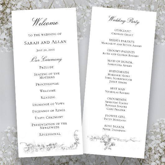 Ornate Classic French Rose Border Wedding Programmakaart