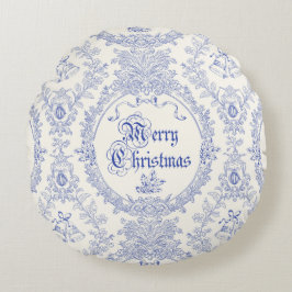 Ornate Classic Vintage Merry Christmas Blue Toile Rond Kussen