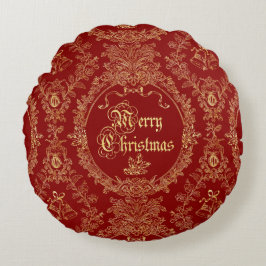 Ornate Classic Vintage Red Gold Merry Christmas  Rond Kussen