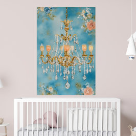 ornate crystal chandelier with an antique gold-ton poster