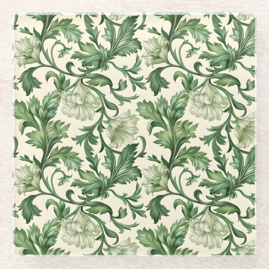 Ornate dark green acanthus leaves pattern glazen onderzetter (Voorkant)