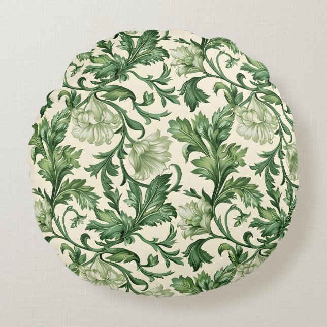 Ornate dark green acanthus leaves pattern rond kussen (Voorkant)