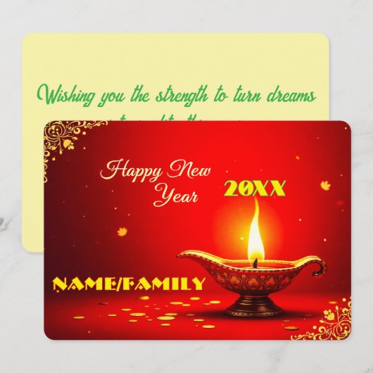 Ornate Diya – Warm Golden New Year Feestdagenkaart (Voorkant / Achterkant)
