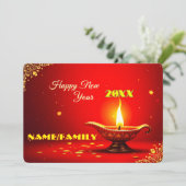 Ornate Diya – Warm Golden New Year Feestdagenkaart (Staand voorkant)