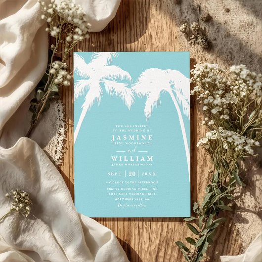 Ornate Embossed Tropical Palm QR Code Wedding Kaart