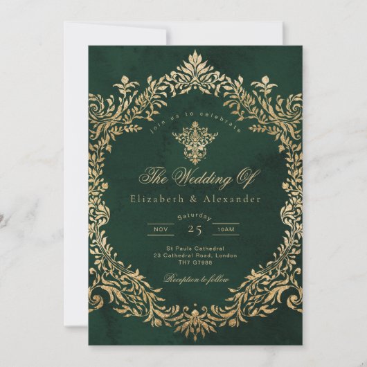 Ornate Emerald Gold Royal Elegant Wedding Kaart (Voorkant)
