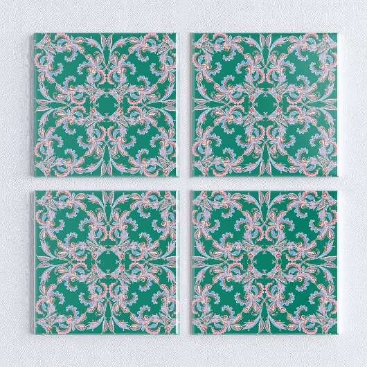 Ornate Floral Filigree Tile in Emerald Green Tegeltje