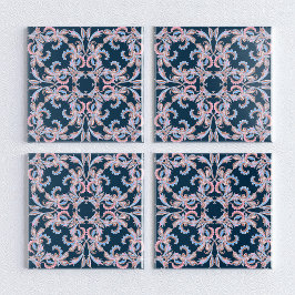 Ornate Floral Filigree Tile in Midnight Blue Tegeltje