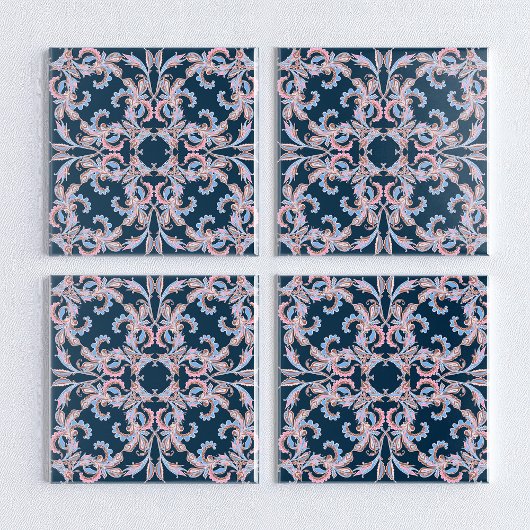 Ornate Floral Filigree Tile in Midnight Blue Tegeltje