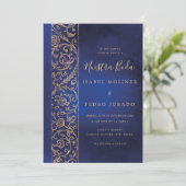 Ornate Floral Gold Blue Nuestra Boda Wedding Kaart (Staand voorkant)