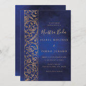Ornate Floral Gold Blue Nuestra Boda Wedding Kaart (Voorkant / Achterkant)
