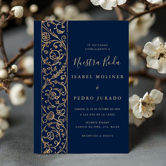 Ornate Floral Gold Navy Nuestra Boda Wedding Kaart