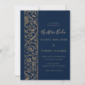 Ornate Floral Gold Navy Nuestra Boda Wedding Kaart (Voorkant)