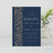 Ornate Floral Gold Navy Nuestra Boda Wedding Kaart (Staand voorkant)