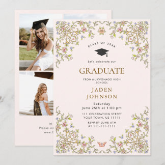 Ornate Floral Grace Boho 4 Photo Graduation Party Kaart