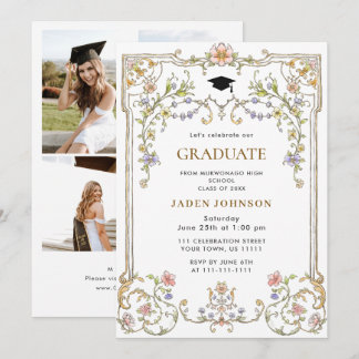 Ornate Floral Grace Boho 4 Photo Graduation Party Kaart