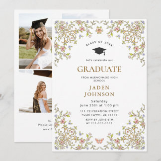 Ornate Floral Grace Boho 4 Photo Graduation Party Kaart
