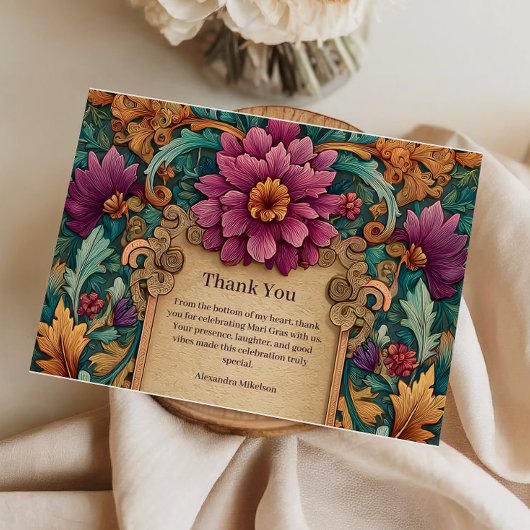 Ornate Floral Mardi Gras Masquerade Bedankkaart