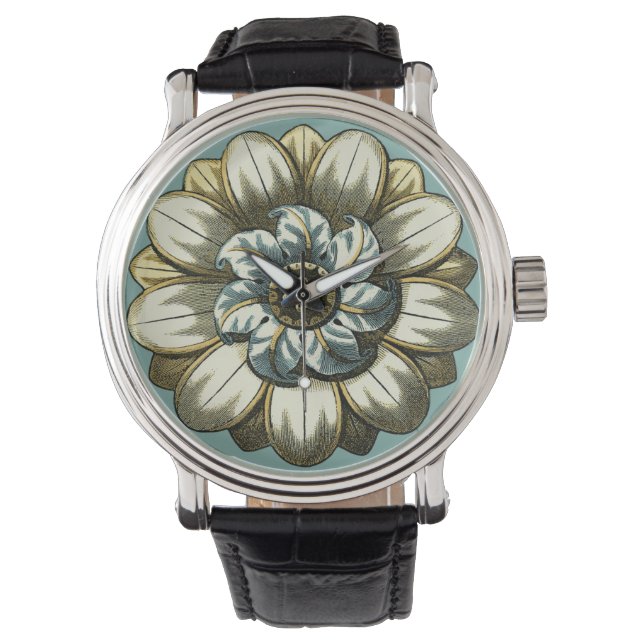 Ornate Floral Medallion on Light Blue Background Horloge (Voorkant)