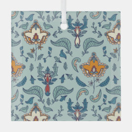 Ornate floral pattern on a pale blue background glas ornament