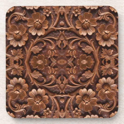 Ornate Floral Wood-Carved Mandala Pattern Bier Onderzetter (Voorkant)