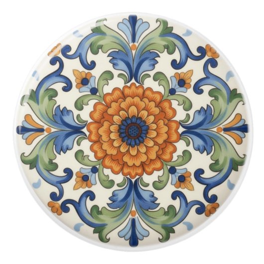 Ornate Flower Blue Orange Green Floral Keramische Knop (Voorkant)