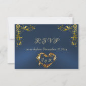Ornate Frame & Heart - Blue/Gold RSVP Kaartje (Voorkant)