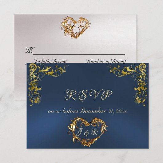 Ornate Frame & Heart - Blue/Gold RSVP Kaartje (Voorkant / Achterkant)