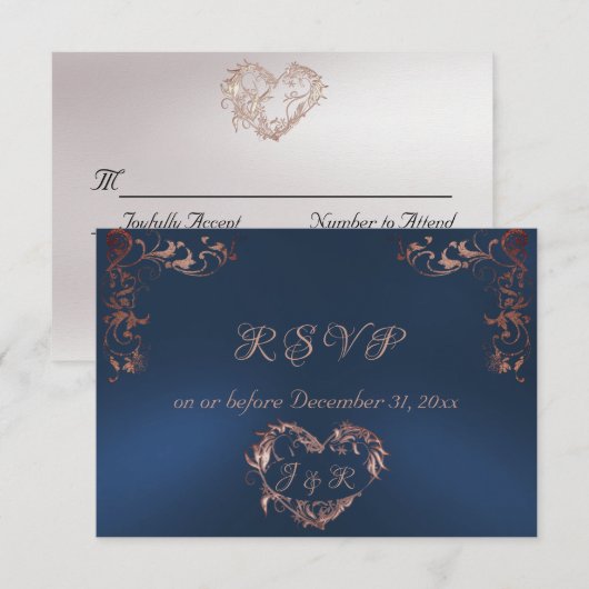 Ornate Frame & Heart - Blue/Rose Gold RSVP Kaartje (Voorkant / Achterkant)
