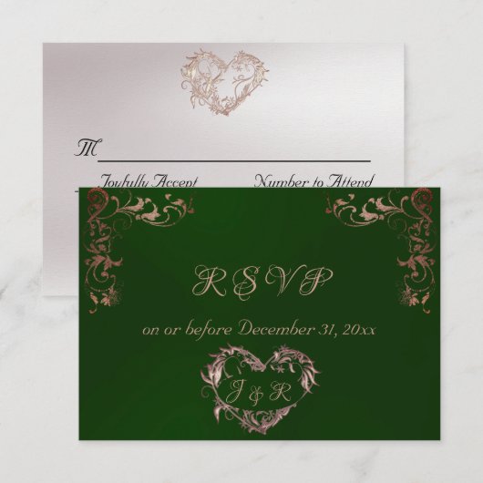 Ornate Frame & Heart - Emerald/Rose Gold RSVP Kaartje (Voorkant / Achterkant)