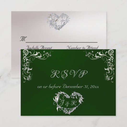 Ornate Frame & Heart - Emerald/Silver RSVP Kaartje (Voorkant / Achterkant)