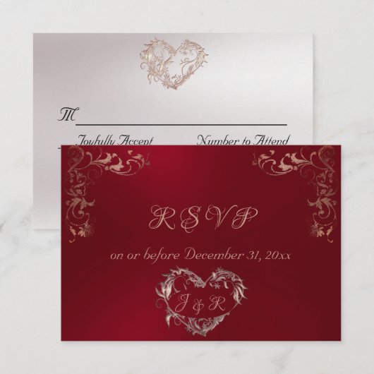 Ornate Frame & Heart - Red/Rose Gold RSVP Kaartje (Voorkant / Achterkant)