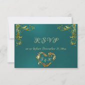Ornate Frame & Heart - Teal/Gold RSVP Kaartje (Voorkant)