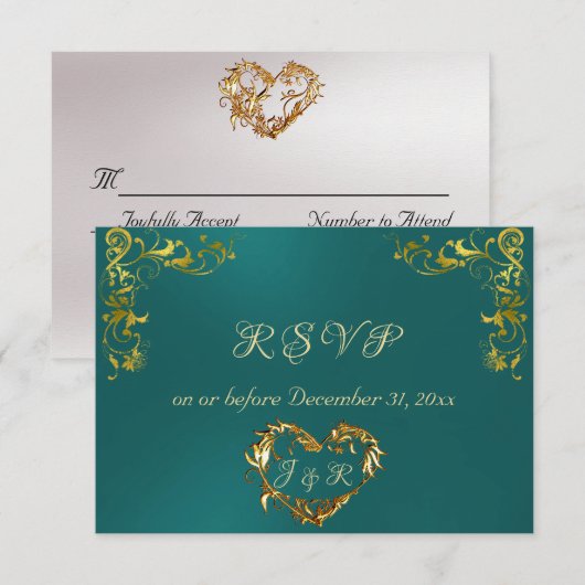 Ornate Frame & Heart - Teal/Gold RSVP Kaartje (Voorkant / Achterkant)